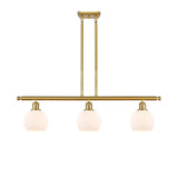 516-3I-SG-G121-6 3-Light 36" Satin Gold Island Light - Cased Matte White Athens Glass - LED Bulb - Dimmensions: 36 x 6 x 9.375<br>Minimum Height : 18.375<br>Maximum Height : 42.375 - Sloped Ceiling Compatible: Yes