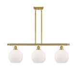 516-3I-SG-G121-8 3-Light 36" Satin Gold Island Light - Cased Matte White Athens Glass - LED Bulb - Dimmensions: 36 x 8 x 11<br>Minimum Height : 20.375<br>Maximum Height : 44.375 - Sloped Ceiling Compatible: Yes