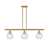 516-3I-SG-G1213-6 3-Light 36" Satin Gold Island Light - Clear Athens Deco Swirl 8" Glass - LED Bulb - Dimmensions: 36 x 7 x 9<br>Minimum Height : 20.375<br>Maximum Height : 44.375 - Sloped Ceiling Compatible: Yes