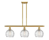 516-3I-SG-G1213-8 3-Light 36" Satin Gold Island Light - Clear Athens Deco Swirl 8" Glass - LED Bulb - Dimmensions: 36 x 8 x 11<br>Minimum Height : 20.375<br>Maximum Height : 44.375 - Sloped Ceiling Compatible: Yes
