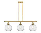 516-3I-SG-G1214-8 3-Light 36" Satin Gold Island Light - Clear Athens Twisted Swirl 8" Glass - LED Bulb - Dimmensions: 36 x 8 x 11<br>Minimum Height : 20.375<br>Maximum Height : 44.375 - Sloped Ceiling Compatible: Yes