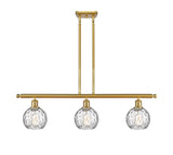 516-3I-SG-G1215-6 3-Light 36" Satin Gold Island Light - Clear Athens Water Glass 6" Glass - LED Bulb - Dimmensions: 36 x 7 x 9<br>Minimum Height : 20.375<br>Maximum Height : 44.375 - Sloped Ceiling Compatible: Yes