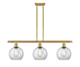 516-3I-SG-G122-8 3-Light 36" Satin Gold Island Light - Clear Athens Glass - LED Bulb - Dimmensions: 36 x 8 x 11<br>Minimum Height : 20.375<br>Maximum Height : 44.375 - Sloped Ceiling Compatible: Yes