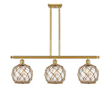516-3I-SG-G122-8RB 3-Light 36" Satin Gold Island Light - Clear Farmhouse Glass with Brown Rope Glass - LED Bulb - Dimmensions: 36 x 8 x 11<br>Minimum Height : 20.375<br>Maximum Height : 44.375 - Sloped Ceiling Compatible: Yes