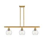 516-3I-SG-G124-6 3-Light 36" Satin Gold Island Light - Seedy Athens Glass - LED Bulb - Dimmensions: 36 x 6 x 9.375<br>Minimum Height : 18.375<br>Maximum Height : 42.375 - Sloped Ceiling Compatible: Yes