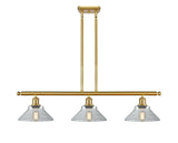 516-3I-SG-G132 3-Light 36" Satin Gold Island Light - Clear Orwell Glass - LED Bulb - Dimmensions: 36 x 9 x 9<br>Minimum Height : 17.375<br>Maximum Height : 41.375 - Sloped Ceiling Compatible: Yes