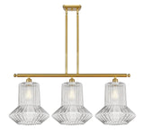 516-3I-SG-G212 3-Light 36" Satin Gold Island Light - Clear Spiral Fluted Springwater Glass - LED Bulb - Dimmensions: 36 x 12 x 16<br>Minimum Height : 25.375<br>Maximum Height : 49.375 - Sloped Ceiling Compatible: Yes