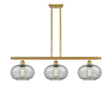 516-3I-SG-G247 3-Light 36" Satin Gold Island Light - Charcoal Gorham Glass - LED Bulb - Dimmensions: 36 x 9.5 x 10<br>Minimum Height : 20.375<br>Maximum Height : 44.375 - Sloped Ceiling Compatible: Yes