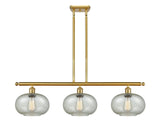 516-3I-SG-G249 3-Light 36" Satin Gold Island Light - Mica Gorham Glass - LED Bulb - Dimmensions: 36 x 9.5 x 10<br>Minimum Height : 20.375<br>Maximum Height : 44.375 - Sloped Ceiling Compatible: Yes