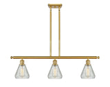 516-3I-SG-G275 3-Light 36" Satin Gold Island Light - Clear Crackle Conesus Glass - LED Bulb - Dimmensions: 36 x 6 x 11<br>Minimum Height : 20.375<br>Maximum Height : 44.375 - Sloped Ceiling Compatible: Yes