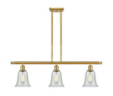 516-3I-SG-G2812 3-Light 36" Satin Gold Island Light - Fishnet Hanover Glass - LED Bulb - Dimmensions: 36 x 6.25 x 12<br>Minimum Height : 21.375<br>Maximum Height : 45.375 - Sloped Ceiling Compatible: Yes