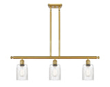 516-3I-SG-G342 3-Light 36" Satin Gold Island Light - Clear Hadley Glass - LED Bulb - Dimmensions: 36 x 5 x 10<br>Minimum Height : 19.375<br>Maximum Height : 43.375 - Sloped Ceiling Compatible: Yes