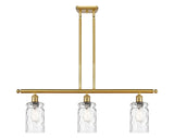 516-3I-SG-G352 3-Light 36" Satin Gold Island Light - Clear Waterglass Candor Glass - LED Bulb - Dimmensions: 36 x 5.5 x 11<br>Minimum Height : 20.375<br>Maximum Height : 44.375 - Sloped Ceiling Compatible: Yes