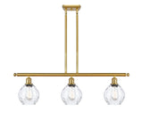 516-3I-SG-G362 3-Light 36" Satin Gold Island Light - Clear Small Waverly Glass - LED Bulb - Dimmensions: 36 x 6 x 10<br>Minimum Height : 19.375<br>Maximum Height : 43.375 - Sloped Ceiling Compatible: Yes
