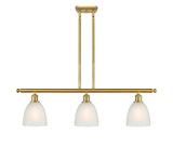 516-3I-SG-G381 3-Light 36" Satin Gold Island Light - White Castile Glass - LED Bulb - Dimmensions: 36 x 6 x 10<br>Minimum Height : 19.375<br>Maximum Height : 43.375 - Sloped Ceiling Compatible: Yes