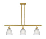 516-3I-SG-G382 3-Light 36" Satin Gold Island Light - Clear Castile Glass - LED Bulb - Dimmensions: 36 x 6 x 10<br>Minimum Height : 19.375<br>Maximum Height : 43.375 - Sloped Ceiling Compatible: Yes