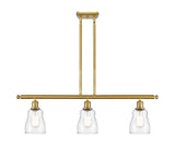 516-3I-SG-G392 3-Light 36" Satin Gold Island Light - Clear Ellery Glass - LED Bulb - Dimmensions: 36 x 5 x 10<br>Minimum Height : 19.375<br>Maximum Height : 43.375 - Sloped Ceiling Compatible: Yes