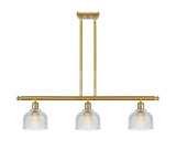 516-3I-SG-G412 3-Light 36" Satin Gold Island Light - Clear Dayton Glass - LED Bulb - Dimmensions: 36 x 5.5 x 9.5<br>Minimum Height : 19.375<br>Maximum Height : 43.375 - Sloped Ceiling Compatible: Yes