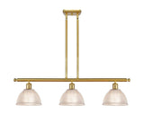 516-3I-SG-G422 3-Light 36" Satin Gold Island Light - Clear Arietta Glass - LED Bulb - Dimmensions: 36 x 8 x 9<br>Minimum Height : 19.375<br>Maximum Height : 43.375 - Sloped Ceiling Compatible: Yes