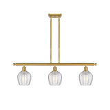 516-3I-SG-G462-6 3-Light 36" Satin Gold Island Light - Clear Norfolk Glass - LED Bulb - Dimmensions: 36 x 5.75 x 10<br>Minimum Height : 20.375<br>Maximum Height : 44.375 - Sloped Ceiling Compatible: Yes