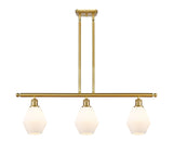 516-3I-SG-G651-6 3-Light 36" Satin Gold Island Light - Cased Matte White Cindyrella 6" Glass - LED Bulb - Dimmensions: 36 x 6 x 10.75<br>Minimum Height : 19.75<br>Maximum Height : 43.75 - Sloped Ceiling Compatible: Yes