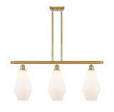 516-3I-SG-G651-7 3-Light 36" Satin Gold Island Light - Cased Matte White Cindyrella 7" Glass - LED Bulb - Dimmensions: 36 x 7 x 14<br>Minimum Height : 23<br>Maximum Height : 47 - Sloped Ceiling Compatible: Yes