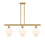 516-3I-SG-G651-8 3-Light 36" Satin Gold Island Light - Cased Matte White Cindyrella 8" Glass - LED Bulb - Dimmensions: 36 x 8 x 10.5<br>Minimum Height : 19.5<br>Maximum Height : 43.5 - Sloped Ceiling Compatible: Yes