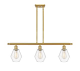 516-3I-SG-G652-6 3-Light 36" Satin Gold Island Light - Clear Cindyrella 6" Glass - LED Bulb - Dimmensions: 36 x 6 x 10.75<br>Minimum Height : 19.75<br>Maximum Height : 43.75 - Sloped Ceiling Compatible: Yes