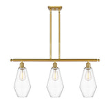 516-3I-SG-G652-7 3-Light 36" Satin Gold Island Light - Clear Cindyrella 7" Glass - LED Bulb - Dimmensions: 36 x 7 x 14<br>Minimum Height : 23<br>Maximum Height : 47 - Sloped Ceiling Compatible: Yes