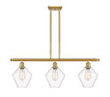 516-3I-SG-G652-8 3-Light 36" Satin Gold Island Light - Clear Cindyrella 8" Glass - LED Bulb - Dimmensions: 36 x 8 x 10.5<br>Minimum Height : 19.5<br>Maximum Height : 43.5 - Sloped Ceiling Compatible: Yes