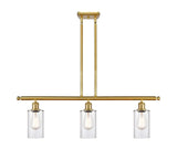516-3I-SG-G802 3-Light 36" Satin Gold Island Light - Clear Clymer Glass - LED Bulb - Dimmensions: 36 x 3.875 x 12<br>Minimum Height : 21.375<br>Maximum Height : 45.375 - Sloped Ceiling Compatible: Yes
