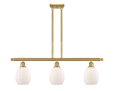 516-3I-SG-G81 3-Light 36" Satin Gold Island Light - Matte White Eaton Glass - LED Bulb - Dimmensions: 36 x 5.5 x 11<br>Minimum Height : 20.375<br>Maximum Height : 44.375 - Sloped Ceiling Compatible: Yes