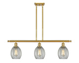 516-3I-SG-G82 3-Light 36" Satin Gold Island Light - Clear Eaton Glass - LED Bulb - Dimmensions: 36 x 5.5 x 11<br>Minimum Height : 20.375<br>Maximum Height : 44.375 - Sloped Ceiling Compatible: Yes