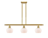 516-3I-SG-G91 3-Light 36" Satin Gold Island Light - Matte White Fenton Glass - LED Bulb - Dimmensions: 36 x 6.5 x 9<br>Minimum Height : 17.875<br>Maximum Height : 41.875 - Sloped Ceiling Compatible: Yes