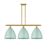 516-3I-SG-MBD-12-SF 3-Light 38.5" Satin Gold Island Light - Seafoam Plymouth Dome Shade - LED Bulb - Dimmensions: 38.5 x 10.125 x 14.25<br>Minimum Height : 23.25<br>Maximum Height : 47.25 - Sloped Ceiling Compatible: Yes