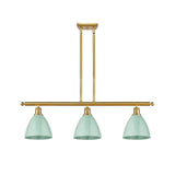 516-3I-SG-MBD-75-SF 3-Light 36" Satin Gold Island Light - Seafoam Plymouth Dome Shade - LED Bulb - Dimmensions: 36 x 7.5 x 10.75<br>Minimum Height : 19.75<br>Maximum Height : 43.75 - Sloped Ceiling Compatible: Yes