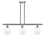 516-3I-SN-G101 3-Light 36" Brushed Satin Nickel Island Light - Matte White Belfast Glass - LED Bulb - Dimmensions: 36 x 6 x 10<br>Minimum Height : 19.375<br>Maximum Height : 43.375 - Sloped Ceiling Compatible: Yes