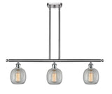 516-3I-SN-G105 3-Light 36" Brushed Satin Nickel Island Light - Clear Crackle Belfast Glass - LED Bulb - Dimmensions: 36 x 6 x 10<br>Minimum Height : 19.375<br>Maximum Height : 43.375 - Sloped Ceiling Compatible: Yes
