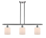 516-3I-SN-G111 3-Light 36" Brushed Satin Nickel Island Light - Matte White Cobbleskill Glass - LED Bulb - Dimmensions: 36 x 5 x 10<br>Minimum Height : 19.375<br>Maximum Height : 43.375 - Sloped Ceiling Compatible: Yes