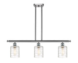 516-3I-SN-G1113 3-Light 36" Brushed Satin Nickel Island Light - Deco Swirl Cobbleskill Glass - LED Bulb - Dimmensions: 36 x 5 x 10<br>Minimum Height : 19.375<br>Maximum Height : 43.375 - Sloped Ceiling Compatible: Yes