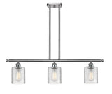 516-3I-SN-G112 3-Light 36" Brushed Satin Nickel Island Light - Clear Cobbleskill Glass - LED Bulb - Dimmensions: 36 x 5 x 10<br>Minimum Height : 19.375<br>Maximum Height : 43.375 - Sloped Ceiling Compatible: Yes