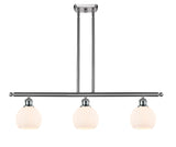 516-3I-SN-G121-6 3-Light 36" Brushed Satin Nickel Island Light - Cased Matte White Athens Glass - LED Bulb - Dimmensions: 36 x 6 x 9.375<br>Minimum Height : 18.375<br>Maximum Height : 42.375 - Sloped Ceiling Compatible: Yes
