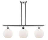 516-3I-SN-G121-8 3-Light 36" Brushed Satin Nickel Island Light - Cased Matte White Athens Glass - LED Bulb - Dimmensions: 36 x 8 x 11<br>Minimum Height : 20.375<br>Maximum Height : 44.375 - Sloped Ceiling Compatible: Yes