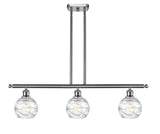 516-3I-SN-G1213-6 3-Light 36" Brushed Satin Nickel Island Light - Clear Athens Deco Swirl 8" Glass - LED Bulb - Dimmensions: 36 x 7 x 9<br>Minimum Height : 20.375<br>Maximum Height : 44.375 - Sloped Ceiling Compatible: Yes