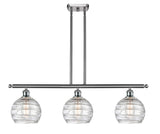 516-3I-SN-G1213-8 3-Light 36" Brushed Satin Nickel Island Light - Clear Athens Deco Swirl 8" Glass - LED Bulb - Dimmensions: 36 x 8 x 11<br>Minimum Height : 20.375<br>Maximum Height : 44.375 - Sloped Ceiling Compatible: Yes