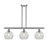 516-3I-SN-G122-8 3-Light 36" Brushed Satin Nickel Island Light - Clear Athens Glass - LED Bulb - Dimmensions: 36 x 8 x 11<br>Minimum Height : 20.375<br>Maximum Height : 44.375 - Sloped Ceiling Compatible: Yes