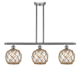 516-3I-SN-G122-8RB 3-Light 36" Brushed Satin Nickel Island Light - Clear Farmhouse Glass with Brown Rope Glass - LED Bulb - Dimmensions: 36 x 8 x 11<br>Minimum Height : 20.375<br>Maximum Height : 44.375 - Sloped Ceiling Compatible: Yes