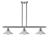 516-3I-SN-G132 3-Light 36" Brushed Satin Nickel Island Light - Clear Orwell Glass - LED Bulb - Dimmensions: 36 x 9 x 9<br>Minimum Height : 17.375<br>Maximum Height : 41.375 - Sloped Ceiling Compatible: Yes