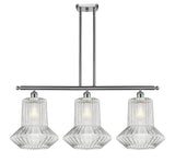 516-3I-SN-G212 3-Light 36" Brushed Satin Nickel Island Light - Clear Spiral Fluted Springwater Glass - LED Bulb - Dimmensions: 36 x 12 x 16<br>Minimum Height : 25.375<br>Maximum Height : 49.375 - Sloped Ceiling Compatible: Yes