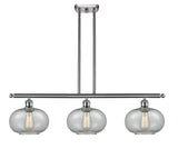 516-3I-SN-G247 3-Light 36" Brushed Satin Nickel Island Light - Charcoal Gorham Glass - LED Bulb - Dimmensions: 36 x 9.5 x 10<br>Minimum Height : 20.375<br>Maximum Height : 44.375 - Sloped Ceiling Compatible: Yes